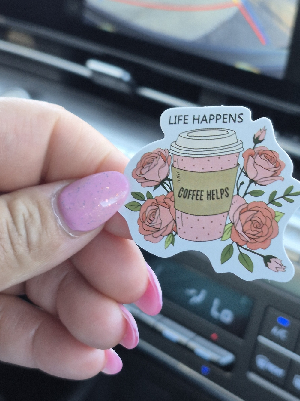 2 Cute Pink Floral 'Life Happens Coffee Helps' Sticker